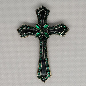 RETRO Stunning Green Rhinestone Gold Tone Cross Brooch